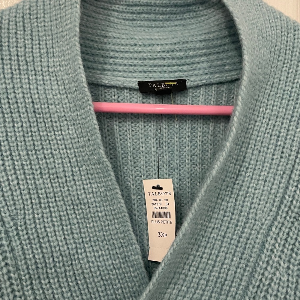 Talbots  Outlet  Shawl Collar Lightweight knit  Aqua V-Neck Sweater New size 3X - Picture 2 of 7